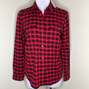LL Bean Signature Flannel Shirt 6 Womens Red Black Plaid Western Lightweight New